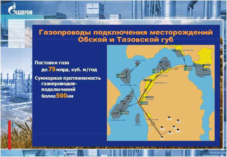 Газопроводы подключения месторождений Обской и Тазовской губ Поставки газа до 75 млрд. куб. м/год