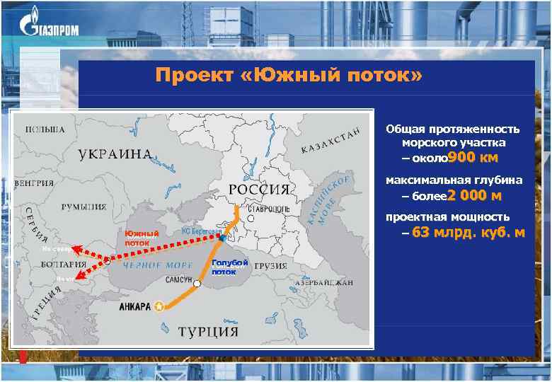 Проект «Южный поток» Общая протяженность морского участка – около 900 км максимальная глубина –