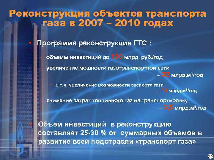 Реконструкция объектов транспорта газа в 2007 – 2010 годах • Программа реконструкции ГТС :