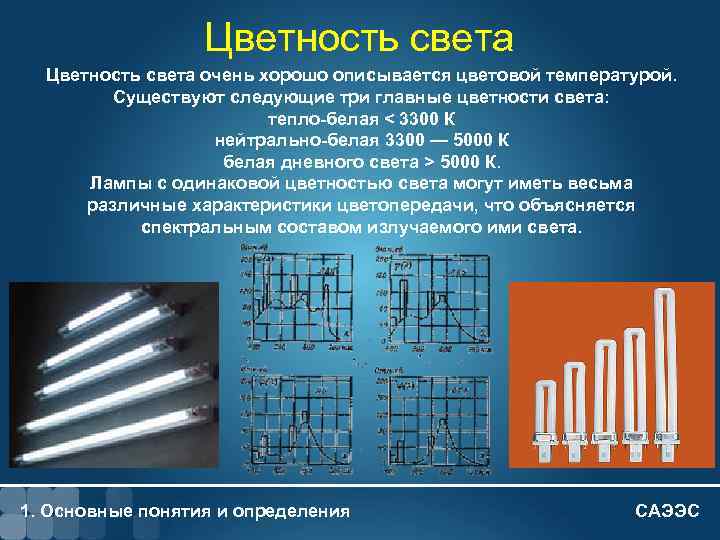 Цветность света 1 - 11 Цветность света очень хорошо описывается цветовой температурой. Существуют следующие