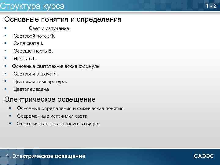 Структура курса 1 - 2 Основные понятия и определения § Свет и излучение §