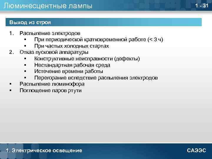 Люминесцентные лампы 1 - 31 Выход из строя 1. 2. § § Распыление электродов