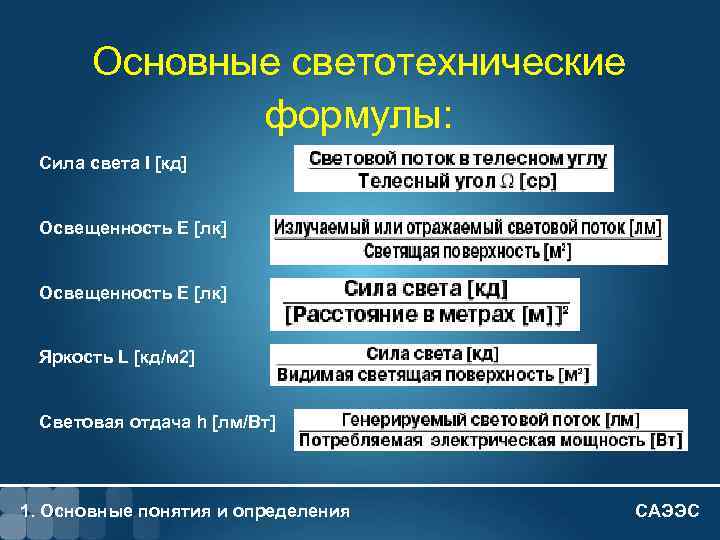 1 - 9 Основные светотехнические формулы: Сила света I [кд] Освещенность E [лк] Яркость
