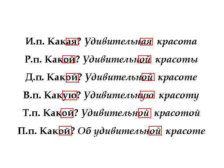 И. п. Какая? Удивительная красота Р. п. Какой? Удивительной красоты Д. п. Какой? Удивительной