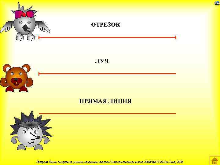 ОТРЕЗОК ЛУЧ ПРЯМАЯ ЛИНИЯ Лазарева Лидия Андреевна, учитель начальных классов, Рижская основная школа «ПАРДАУГАВА»