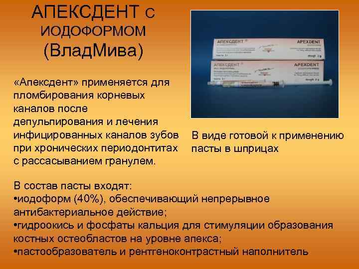 АПЕКСДЕНТ С ИОДОФОРМОМ (Влад. Мива) «Апексдент» применяется для пломбирования корневых каналов после депульпирования и