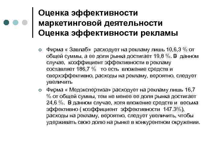 Оценка эффективности маркетинговой деятельности Оценка эффективности рекламы ¢ ¢ Фирма « Завлаб» расходует на