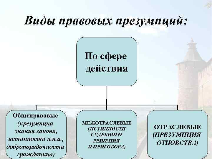 Виды правовых презумпций: По сфере действия Общеправовые (презумпция знания закона, истинности н. п. а.