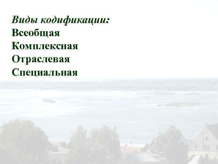 Виды кодификации: Всеобщая Комплексная Отраслевая Специальная 