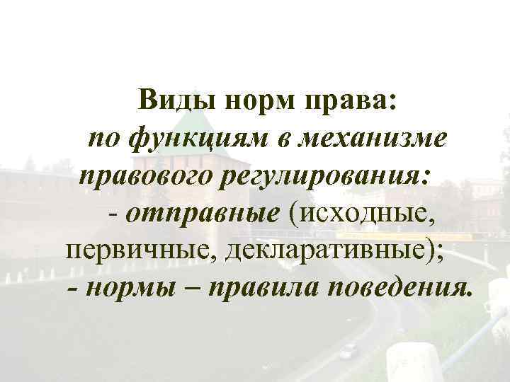 Виды норм права: по функциям в механизме правового регулирования: - отправные (исходные, первичные, декларативные);