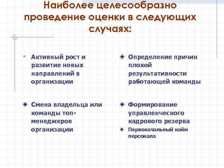 Наиболее целесообразно проведение оценки в следующих случаях: § Активный рост и развитие новых направлений