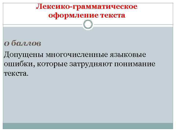 Лексико-грамматическое оформление текста 0 баллов Допущены многочисленные языковые ошибки, которые затрудняют понимание текста. 