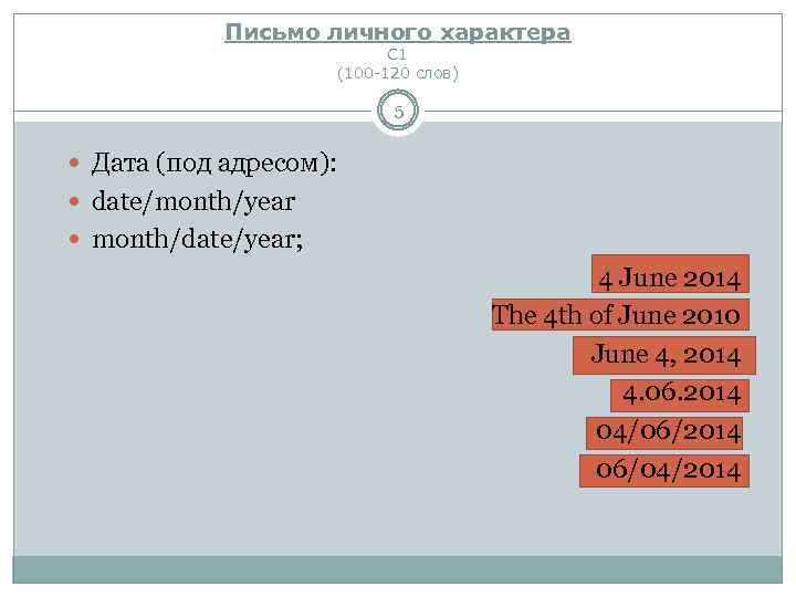Письмо личного характера С 1 (100 -120 слов) 5 Дата (под адресом): date/month/year month/date/year;