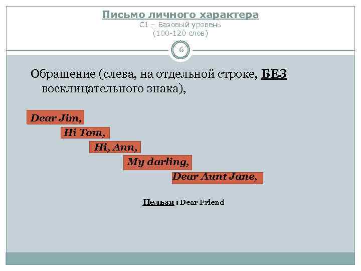 Письмо личного характера С 1 – Базовый уровень (100 -120 слов) 6 Обращение (слева,