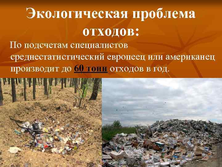 Экологическая проблема отходов: По подсчетам специалистов среднестатистический европеец или американец производит до 60 тонн
