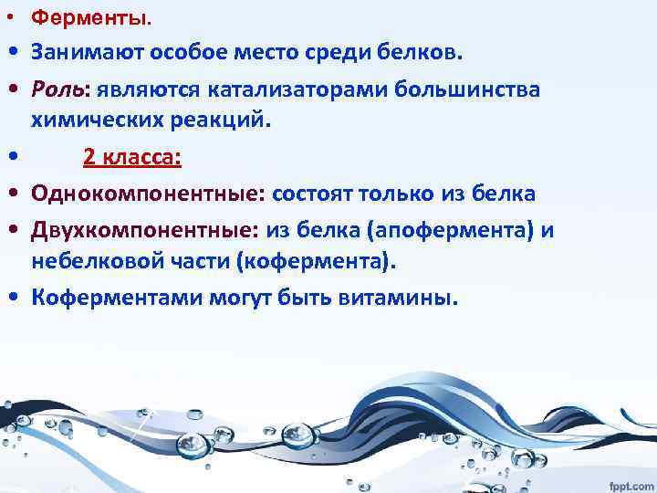  • Ферменты. • Занимают особое место среди белков. • Роль: являются катализаторами большинства