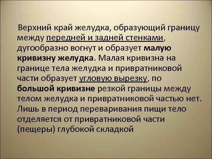 Верхний край желудка, образующий границу между передней и задней стенками, дугообразно вогнут и