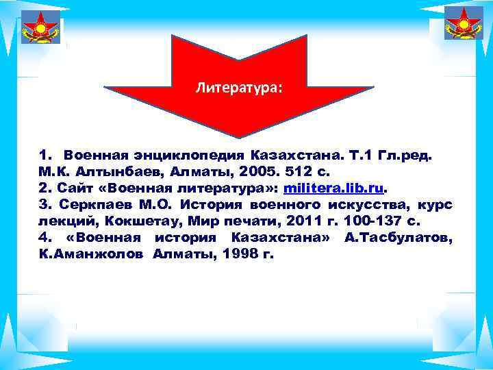 Литература: 1. Военная энциклопедия Казахстана. Т. 1 Гл. ред. М. К. Алтынбаев, Алматы, 2005.