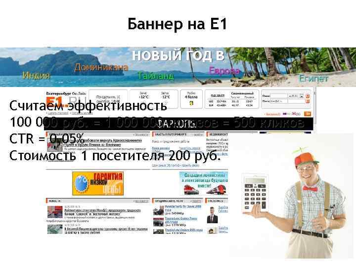 Баннер на Е 1 Считаем эффективность 100 000 руб. = 1 000 показов =