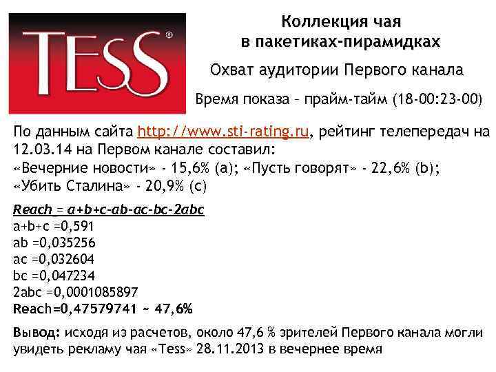 Коллекция чая в пакетиках-пирамидках Охват аудитории Первого канала Время показа – прайм-тайм (18 -00: