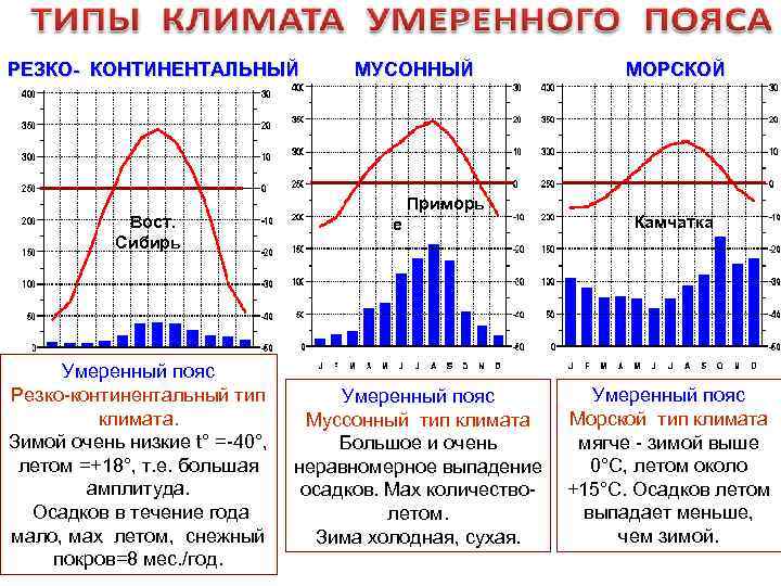 РЕЗКО- КОНТИНЕНТАЛЬНЫЙ Вост. Сибирь Умеренный пояс Резко-континентальный тип климата. Зимой очень низкие t° =-40°,