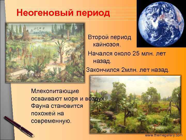 Неогеновый период Второй период кайнозоя. Начался около 25 млн. лет назад. Закончился 2 млн.