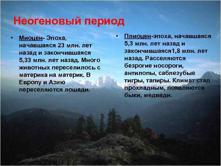 Неогеновый период • Миоцен- Эпоха, начавшаяся 23 млн. лет назад и закончившаяся 5, 33