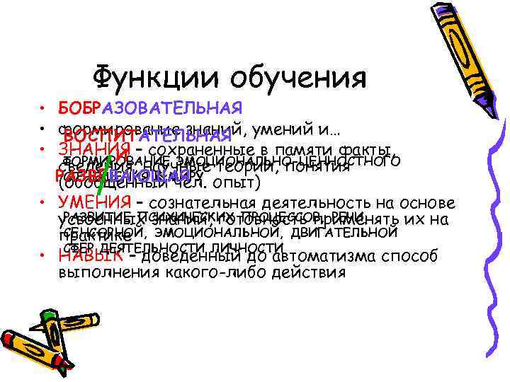 Функции обучения • БОБРАЗОВАТЕЛЬНАЯ • формирование знаний, умений и… ВОСПИТАТЕЛЬНАЯ • ЗНАНИЯ – сохраненные