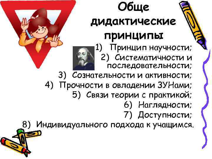 Обще дидактические принципы 1) Принцип научности; 2) Систематичности и последовательности; 3) Сознательности и активности;
