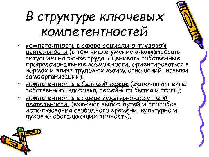 В структуре ключевых компетентностей • компетентность в сфере социально-трудовой деятельности (в том числе умение