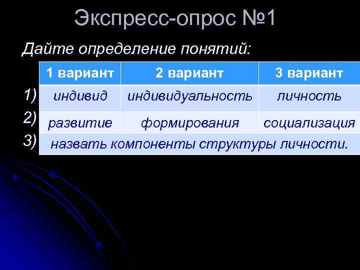 Экспресс-опрос № 1 Дайте определение понятий: 1 вариант 2 вариант 3 вариант 1) индивидуальность