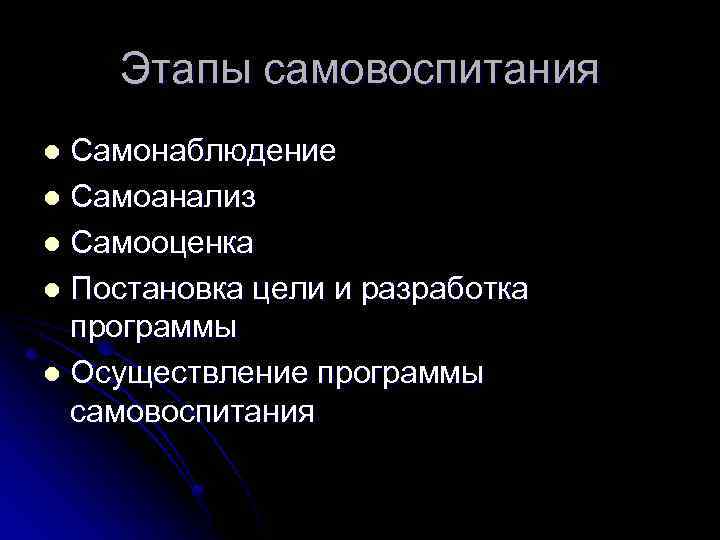 Этапы самовоспитания Самонаблюдение l Самоанализ l Самооценка l Постановка цели и разработка программы l