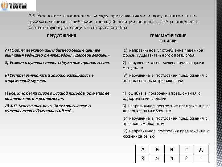 7 -3. Установите соответствие между предложениями и допущенными в них грамматическими ошибками: к каждой