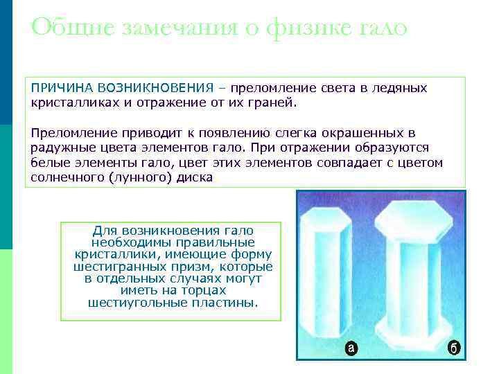 Общие замечания о физике гало ПРИЧИНА ВОЗНИКНОВЕНИЯ – преломление света в ледяных кристалликах и