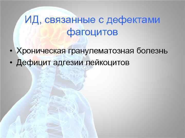 ИД, связанные с дефектами фагоцитов • Хроническая гранулематозная болезнь • Дефицит адгезии лейкоцитов 