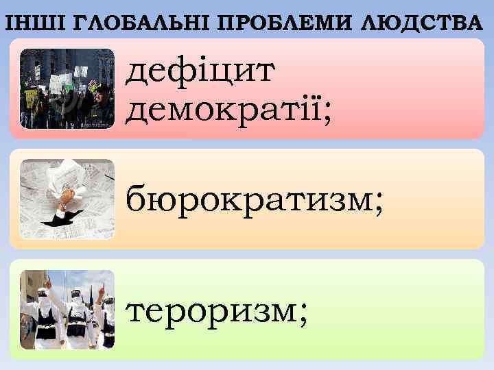 ІНШІ ГЛОБАЛЬНІ ПРОБЛЕМИ ЛЮДСТВА дефіцит демократії; бюрократизм; тероризм; 