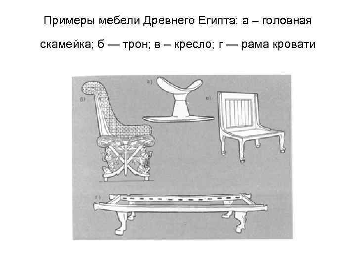 Примеры мебели Древнего Египта: а – головная скамейка; б — трон; в – кресло;