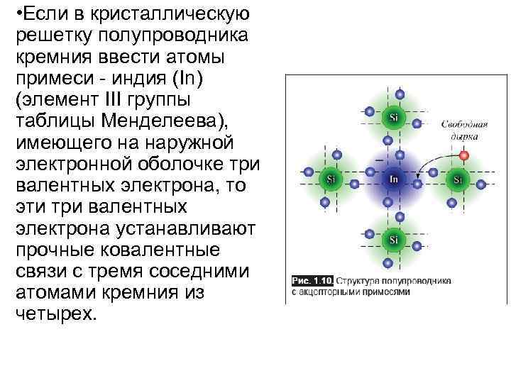  • Если в кристаллическую решетку полупроводника кремния ввести атомы примеси - индия (In)