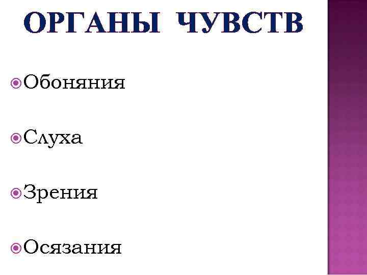 ОРГАНЫ ЧУВСТВ Обоняния Слуха Зрения Осязания 