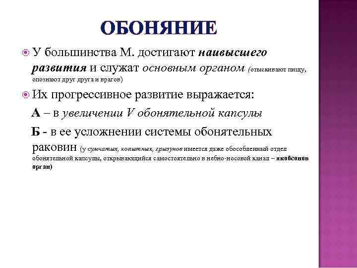 ОБОНЯНИЕ У большинства М. достигают наивысшего развития и служат основным органом (отыскивают пищу, опознают