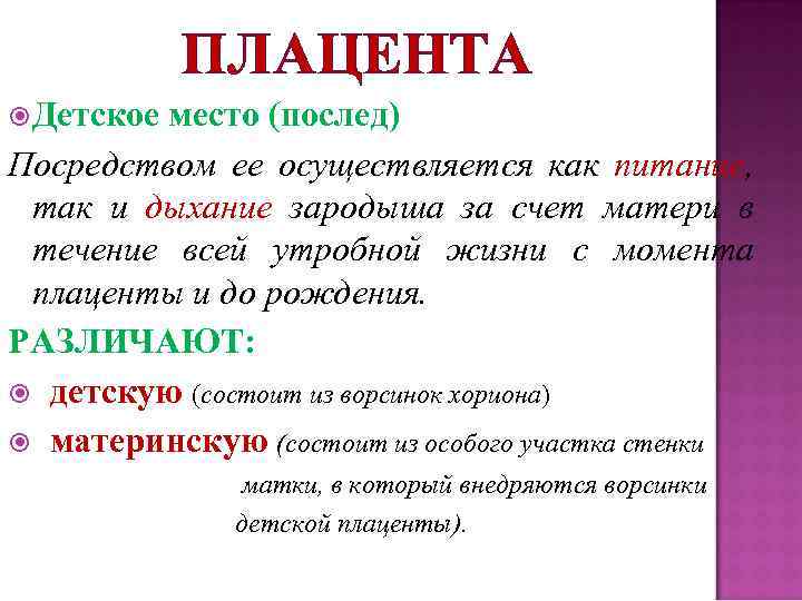 ПЛАЦЕНТА Детское место (послед) Посредством ее осуществляется как питание, так и дыхание зародыша за