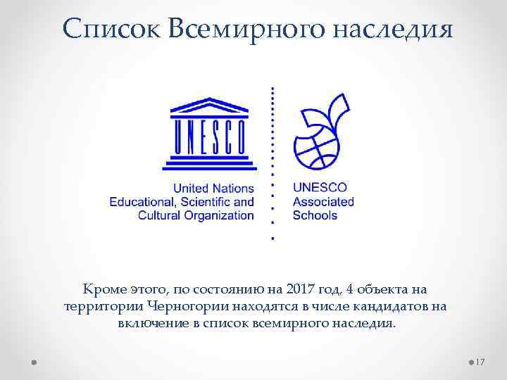 Список Всемирного наследия Кроме этого, по состоянию на 2017 год, 4 объекта на территории
