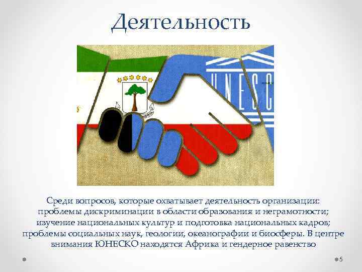 Деятельность Среди вопросов, которые охватывает деятельность организации: проблемы дискриминации в области образования и неграмотности;