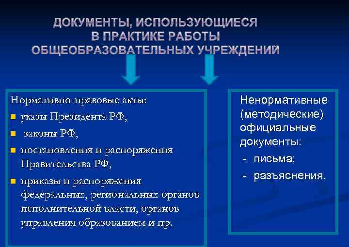 Нормативно-правовые акты: n указы Президента РФ, n законы РФ, n постановления и распоряжения Правительства