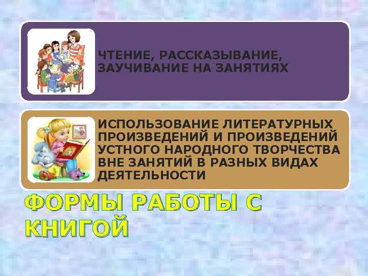 ЧТЕНИЕ, РАССКАЗЫВАНИЕ, ЗАУЧИВАНИЕ НА ЗАНЯТИЯХ ИСПОЛЬЗОВАНИЕ ЛИТЕРАТУРНЫХ ПРОИЗВЕДЕНИЙ И ПРОИЗВЕДЕНИЙ УСТНОГО НАРОДНОГО ТВОРЧЕСТВА ВНЕ