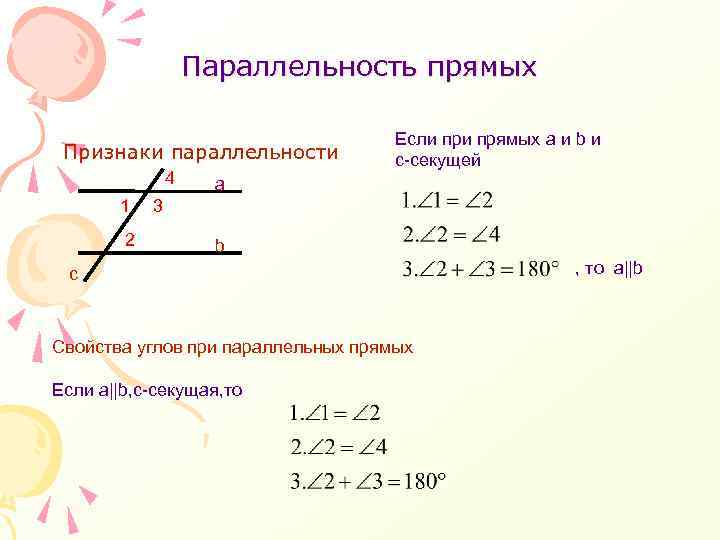 Параллельность прямых Признаки параллельности 4 1 2 Если прямых a и b и с-секущей