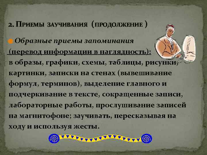 2. ПРИЕМЫ ЗАУЧИВАНИЯ ( ПРОДОЛЖЕНИЕ ) ☻Образные приемы запоминания (перевод информации в наглядность): в