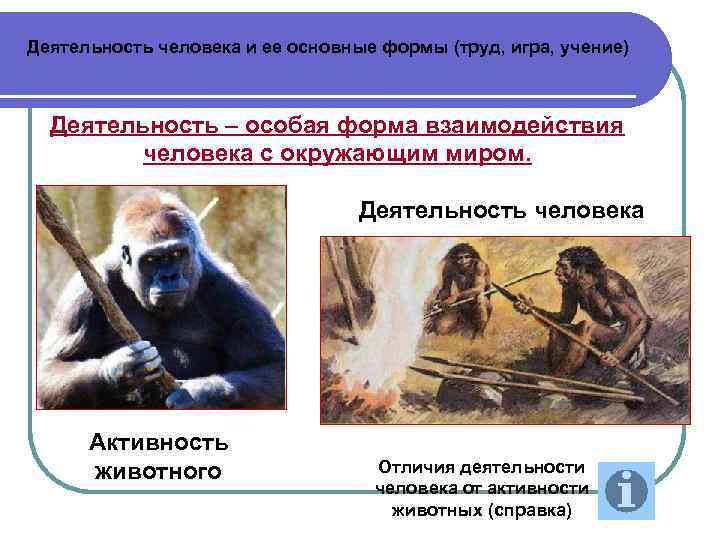 Деятельность человека и ее основные формы (труд, игра, учение) Деятельность – особая форма взаимодействия