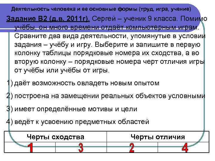 Деятельность человека и ее основные формы (труд, игра, учение) Задание В 2 (д. в.