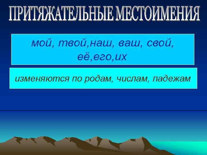 мой, твой, наш, ваш, свой, её, его, их изменяются по родам, числам, падежам 